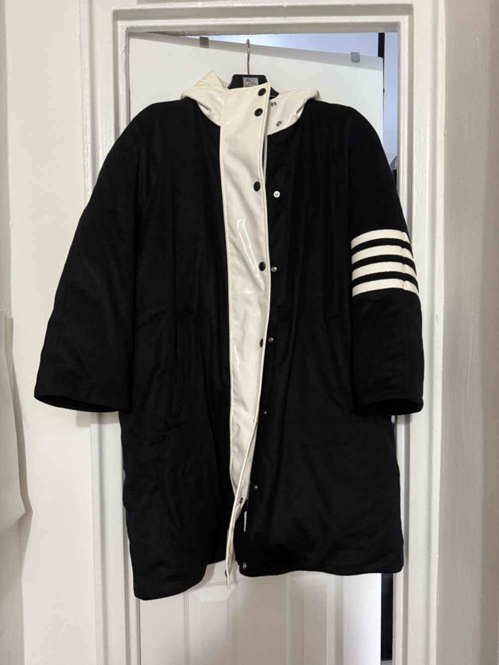 Thom Browne Black and White Hooded Puffer Coat with Stripe Sleeve Detail